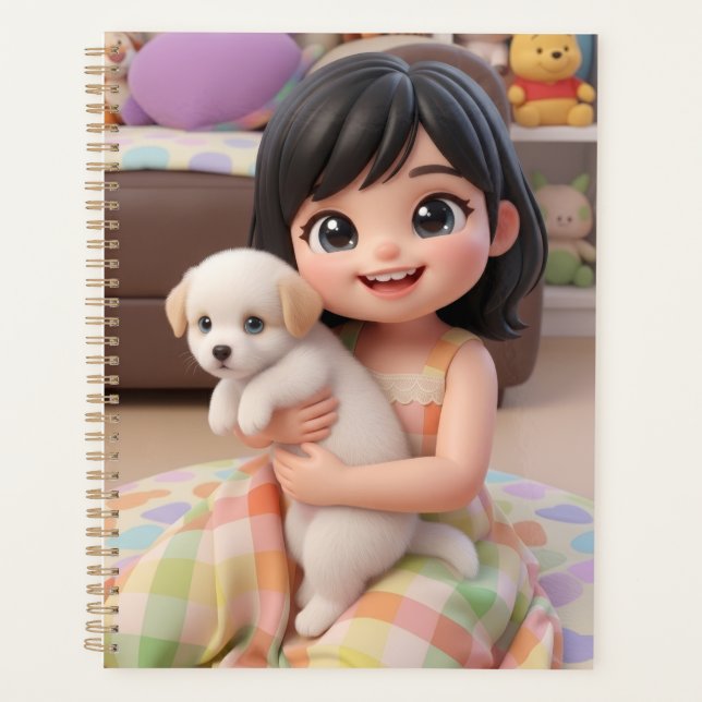 Agenda Cute Chibi Girl Hugging White Puppy Dog Planner (Frente)