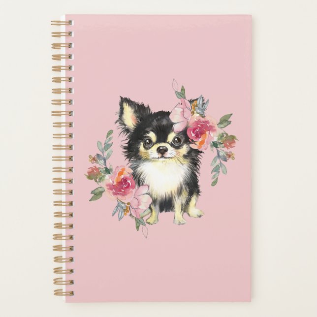 Agenda Cute Chihuahua Puppy e Flores Aquarela (Frente)