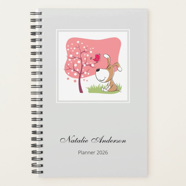 Agenda Cute Dog Puppy Blooming Tree 2026 Personalized (Frente)