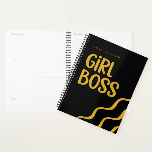 Agenda Cute Girl Boss Black and Gold Monogram Year (Exibição)