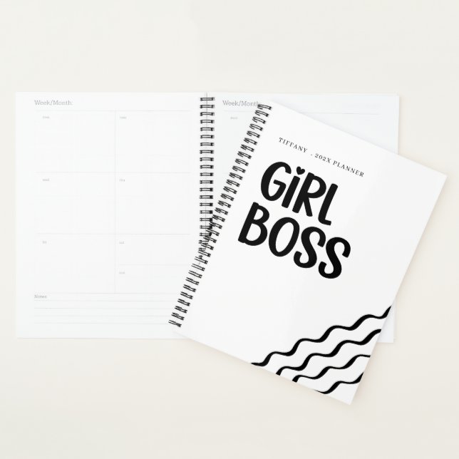 Agenda Cute Girl Boss Black and White Monogram Year (Exibição)