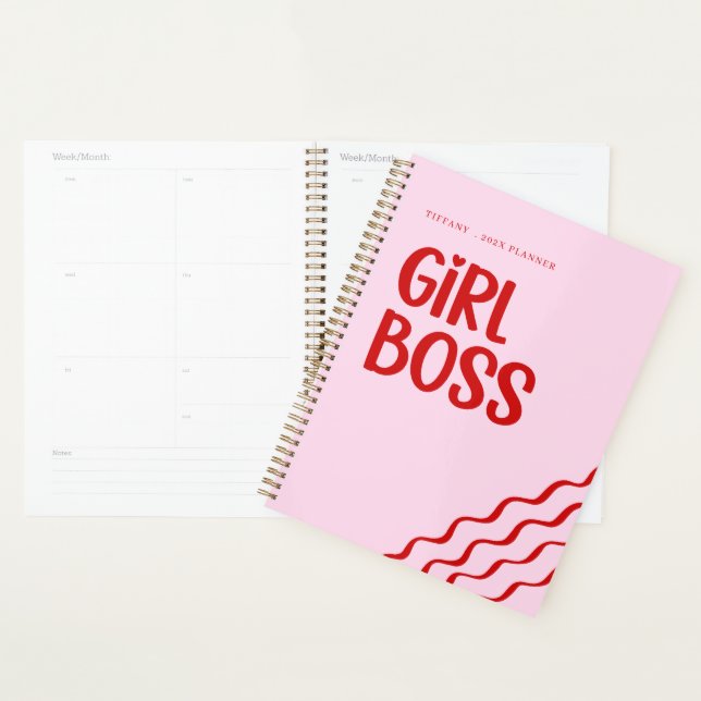 Agenda Cute Girl Boss Pink and Red Custom Name Year (Exibição)