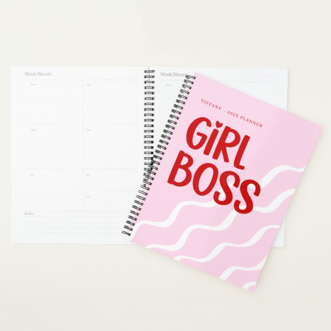 Agenda Cute Girl Boss Pink and Red Monogram Year (Exibição)