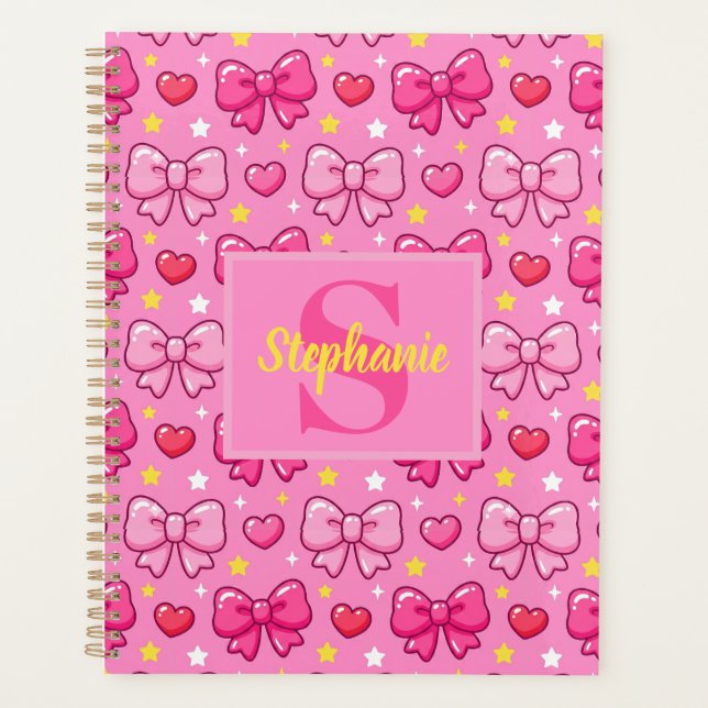 Agenda Cute Pink Bows and Hearts Personalized Monogram (Frente)