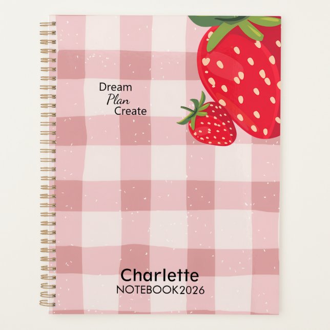 Agenda Cute Pink Gingham Strawberry Yearly Planner (Frente)