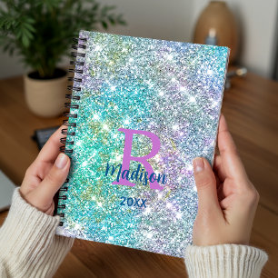 Agenda Cute unicórnio iridescente monograma azul falso br