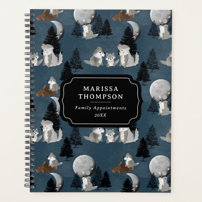 Agenda Cute Wolf Pack Woodland Night Sky Moon Family (Frente)