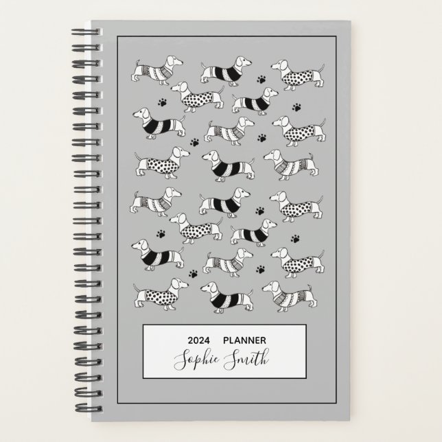 Agenda Dachshund Dog ama Black & White Planner (Planejado (Frente)