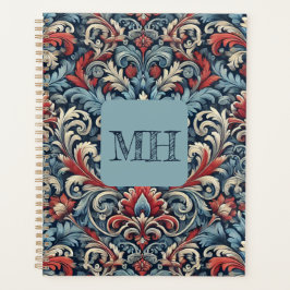 Agenda Damasco vermelho, branco e azul elegante com monog