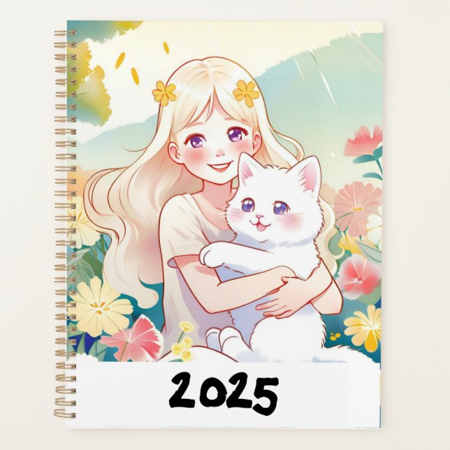 Agenda de chica abrazando a un gato (Frente)