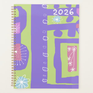 Agenda Decalque Floral Impressão Étnica Roxo Verde Branco