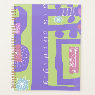 Agenda Decalque Floral Impressão Étnica Roxo Verde Branco