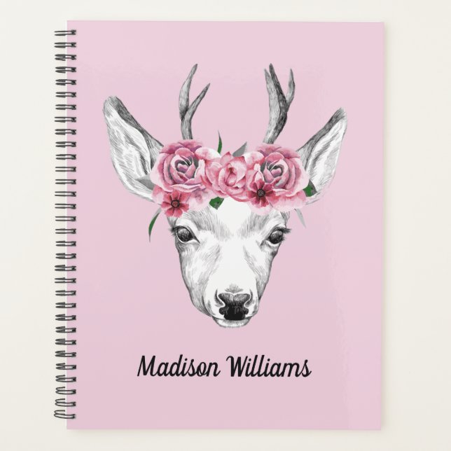Agenda Deer de Flores de Aquarela | Adicione seu nome (Frente)