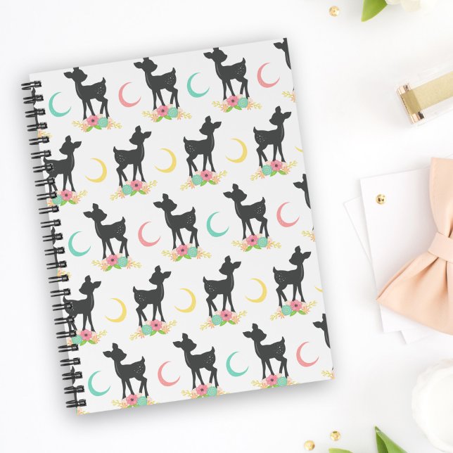 Agenda Deer Pattern, Baby Deer, Boho, Flores, Lua (Criador carregado)
