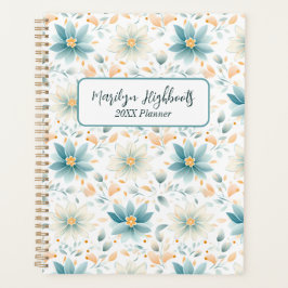 Agenda Delicar Flores Azuis e Brancas com Folhas Laranja