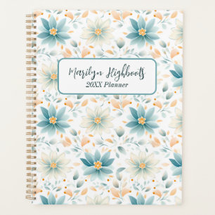 Agenda Delicar Flores Azuis e Brancas com Folhas Laranja