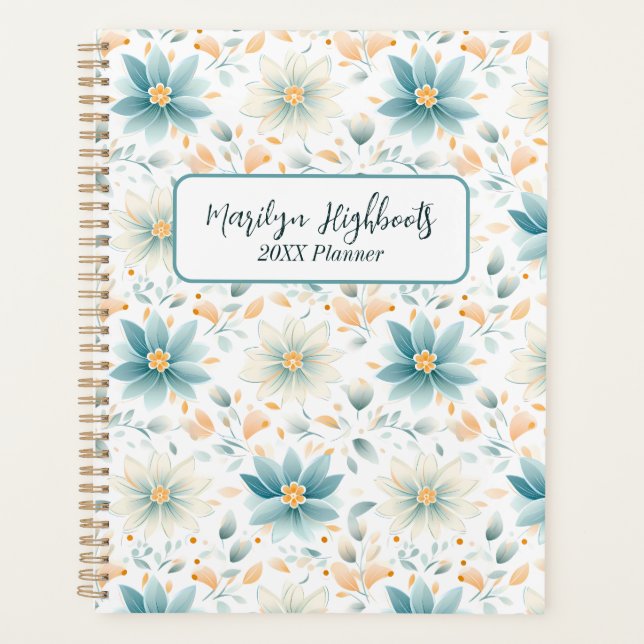Agenda Delicar Flores Azuis e Brancas com Folhas Laranja (Frente)