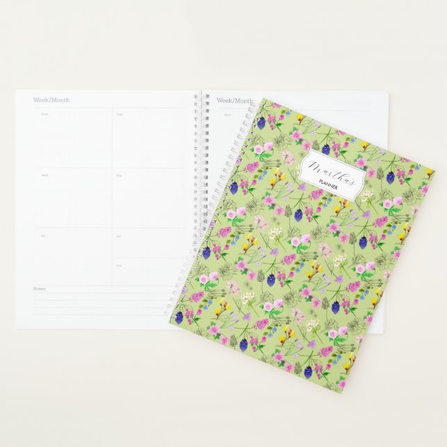 Agenda Delicar flores silvestres de aquarela em verde (Exibição)