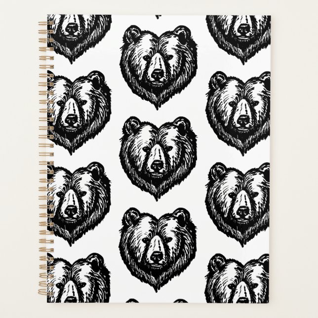 Agenda Desenho a Tinta da Face do Urso Preto e Branco (Frente)