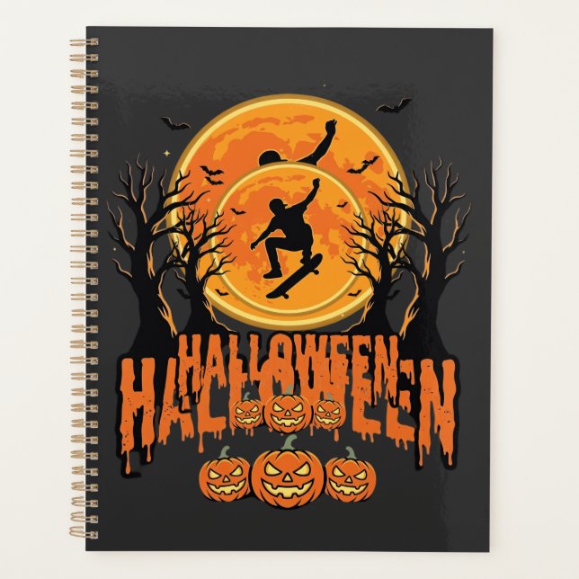 Agenda Desenho de Lua de Skateboard de Halloween (Frente)