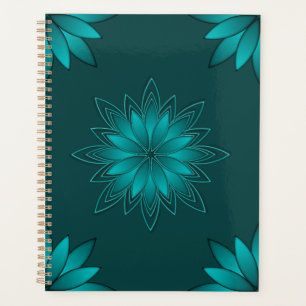 Agenda Desenho de Mandala de Folha Verde-azulado em Ciano