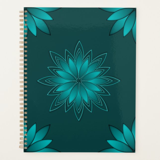 Agenda Desenho de Mandala de Folha Verde-azulado em Ciano (Frente)