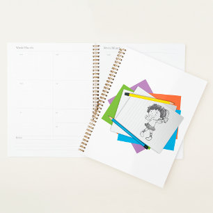 Agenda Desenho Esboço de Menina Jovial com Lápis Colorido