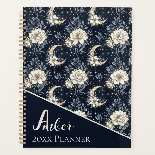 Agenda Desenho Floral Celestial de Meia-Noite & Lua Cresc (Frente)
