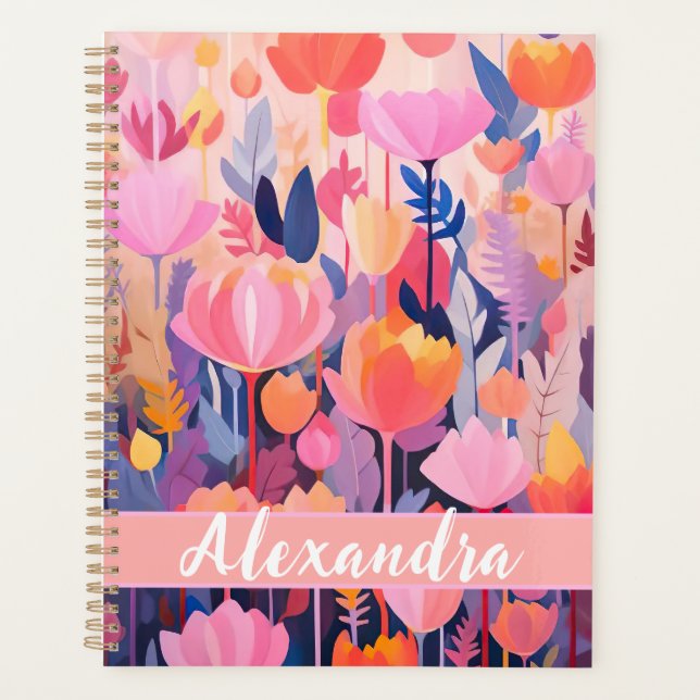 Agenda design de Flor Colorido com nome individual (Frente)