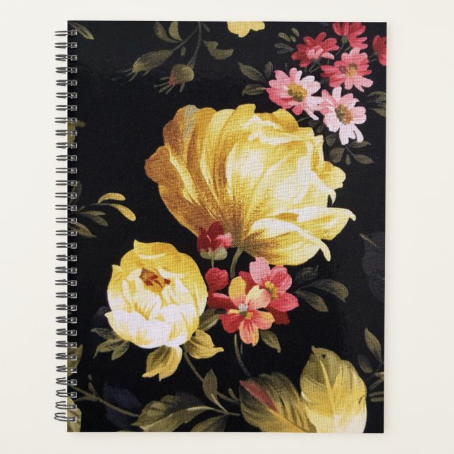 Agenda Design de Peony Amarelo em Preto (Frente)