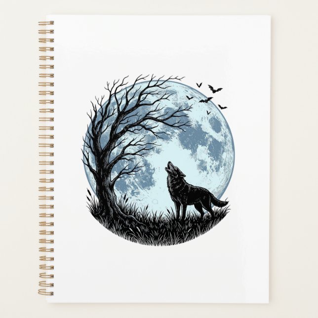 Agenda Design de silhueta de árvore de lua uivando lobo v (Frente)