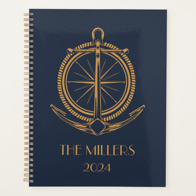 Agenda Design náutica com bússola e âncora de ouro (Frente)