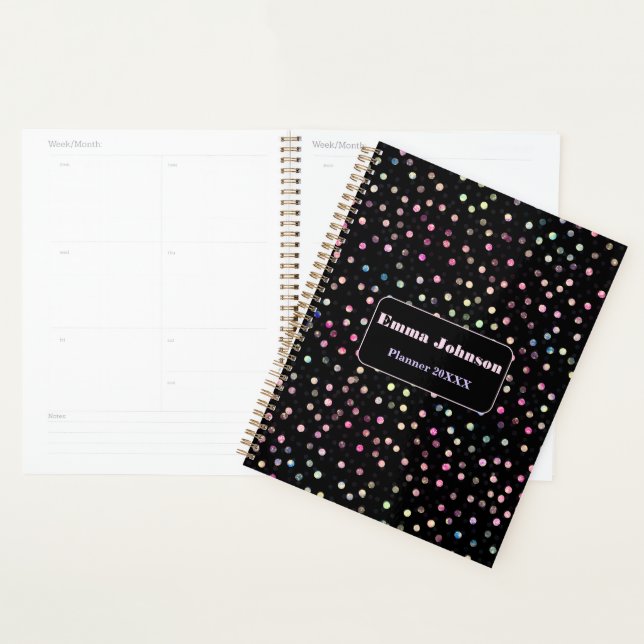 Agenda Design preto para pontos brilhantes iridescentes e (Exibição)