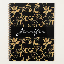 Agenda Designer Real Preto e Dourado Damasco Personalizad