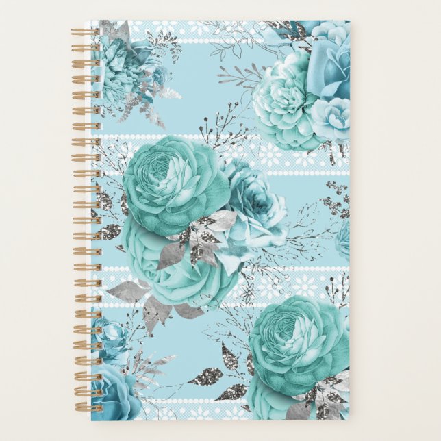 Agenda Detalhes de rendas Rosas azuis e prata (Frente)