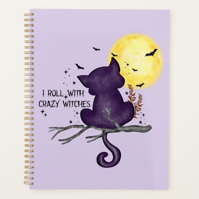 Agenda Dia de as Bruxas engraçado preto e lua mágica (Frente)