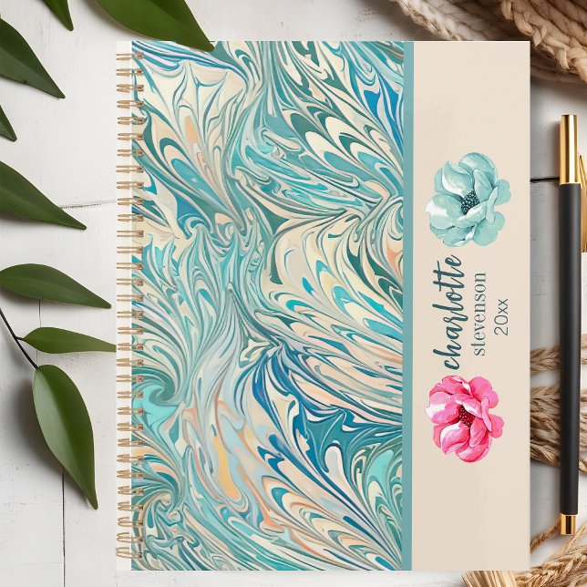 Agenda Dia de Geodo de Marble Teal Personalizado do Nome  (Criador carregado)