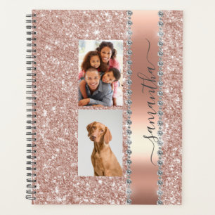 Agenda Diamond Photo Glitter Name Monograma Rosa Dourado