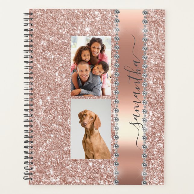 Agenda Diamond Photo Glitter Name Monograma Rosa Dourado (Frente)