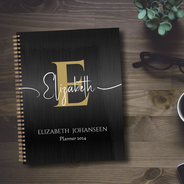 Agenda Diário de Monograma Dourado de Metal Brugado Preto (Criador carregado)