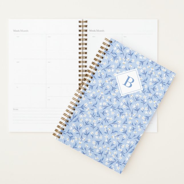 Agenda Ditsy Daisy Floral Monograma Periwinkle Azul (Exibição)