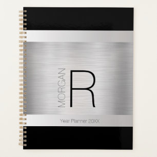 Agenda DIY Monograma & Nome, Preto & Cinza, Prata Esmagad