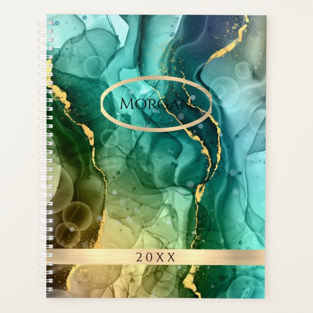 Agenda DIY Name & Date, Teal & Dourado Ink Abstrato, Vs 2 (Frente)