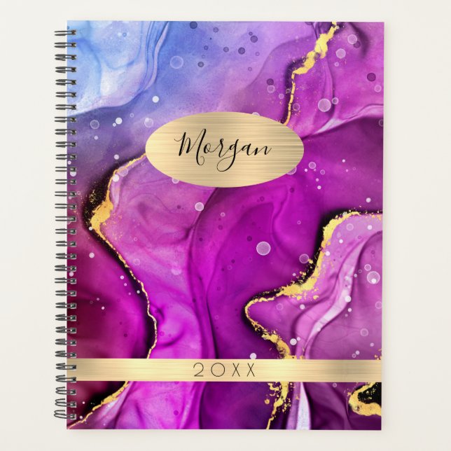 Agenda DIY Name & Year, Red Violet & Dourado Ink Abstrato (Frente)