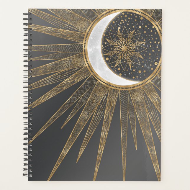Agenda Dodles Dourados Elegantes Sun Moon Mandala Design (Frente)
