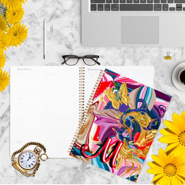 Agenda Dourada Borboleta Vermelha Monograma Monograma Líq (Criador carregado)