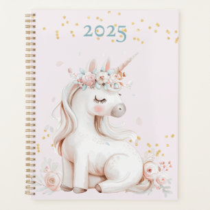 Agenda Dourada Brilhante e Mint Unicorn 2025