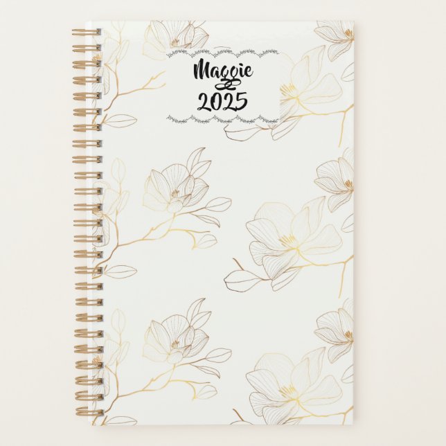 Agenda Dourada Floral Personalizada Semanal/Mensal Elegan (Frente)