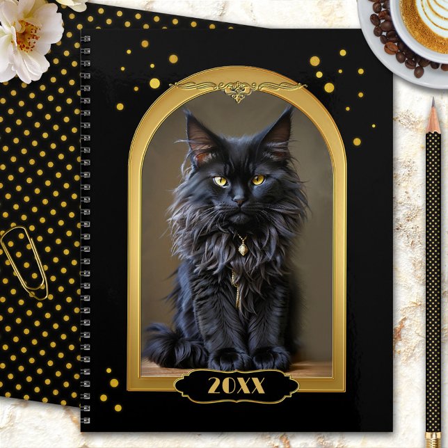 Agenda Dourado Black Art Deco (A boho chic design gold and black year planner with a majestic black cat)