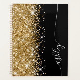 Agenda Dourado Brilhante Glam Preto e Branco Script Elega